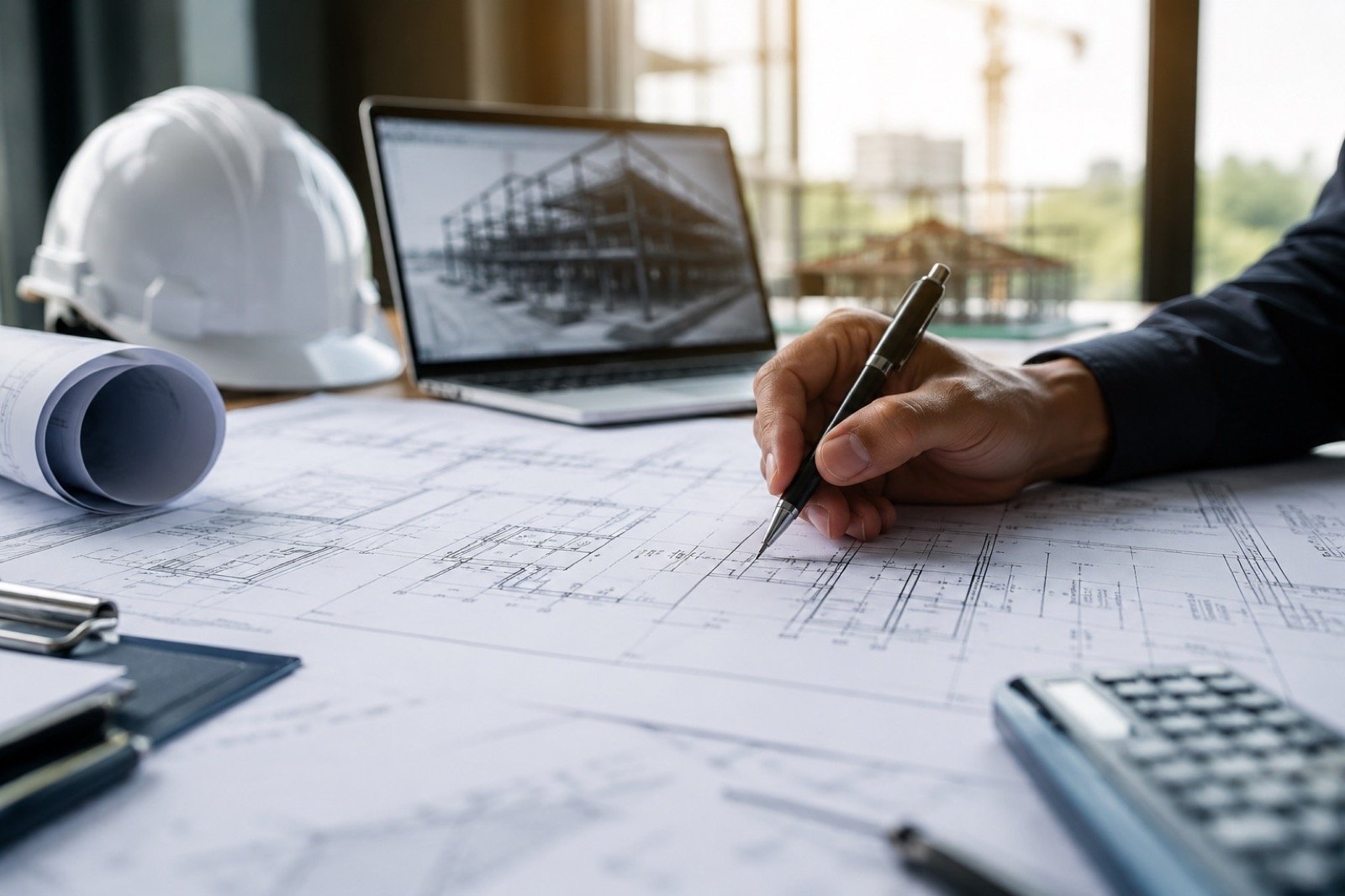 Engineer reviewing project drawings and technical plans before design development