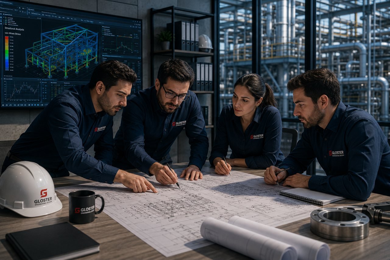 Gloster engineers reviewing an engineering drawing
