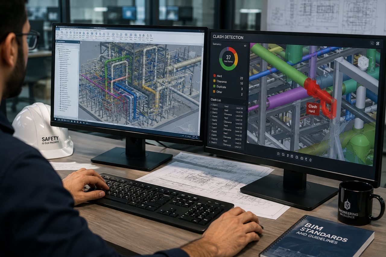 Engineer reviewing a coordinated 3D piping and structural BIM model with a clash detection panel showing a highlighted hard clash