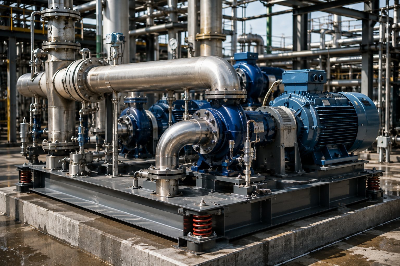 Pump and motor skid mounted on red spring vibration isolators, with flexible pipe connections