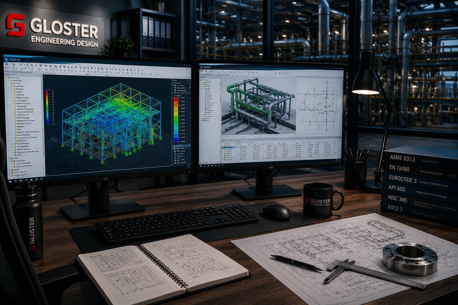 Engineering workstation with dual monitors showing a 3D piping model and a structural analysis view, code references on the desk