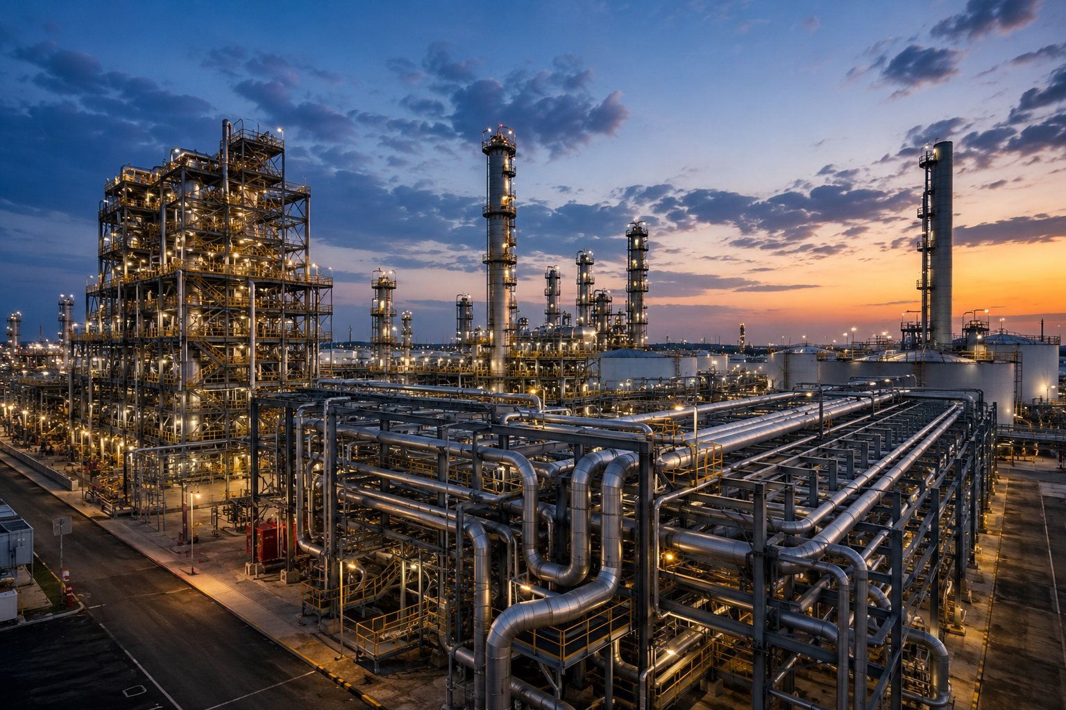 Elevated view of an industrial process plant at dusk, showing an integrated structural steel unit and extensive pipe rack