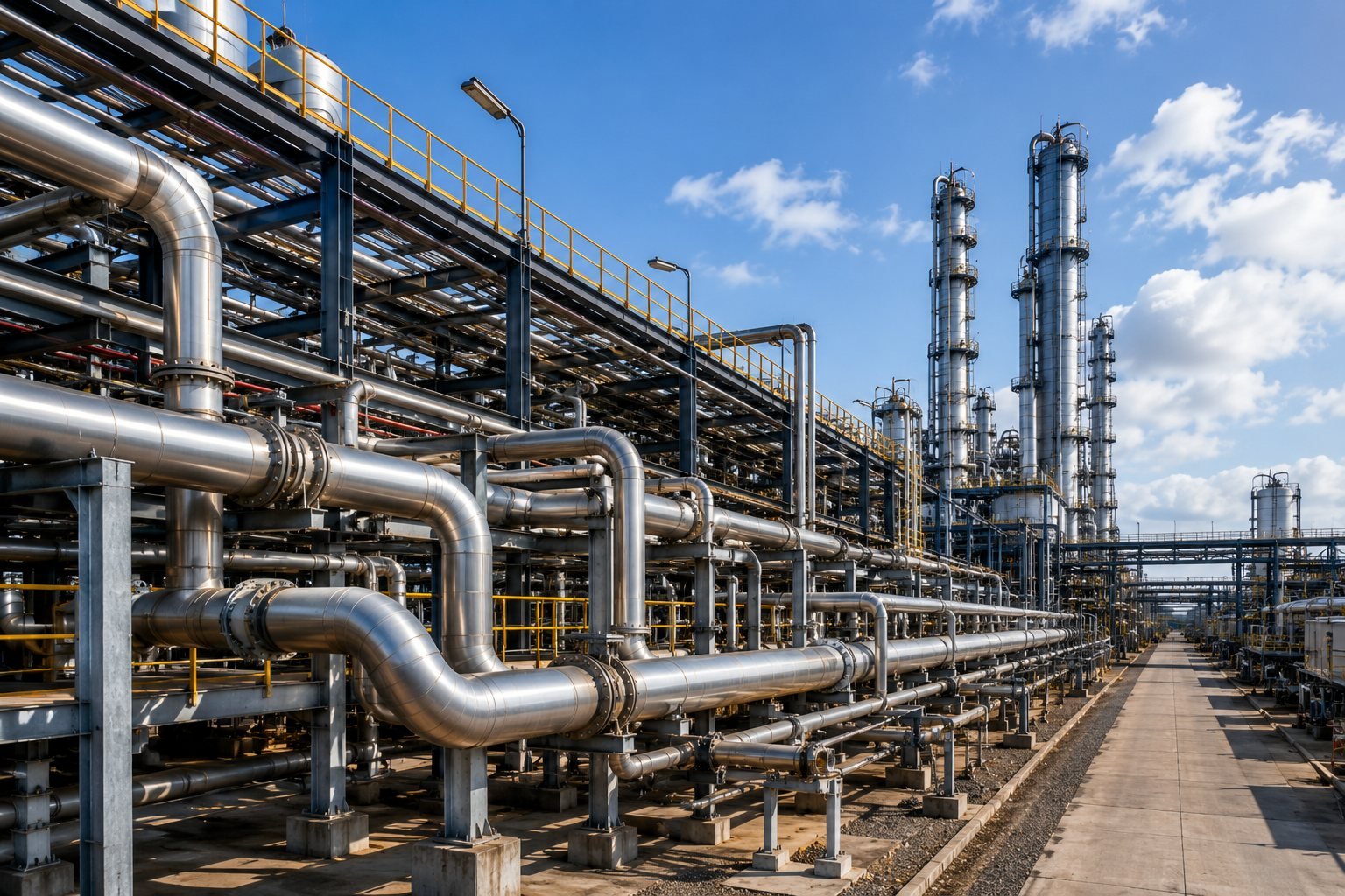 Elevated process pipe rack with expansion bends and pipe supports on concrete plinths, distillation columns in the background