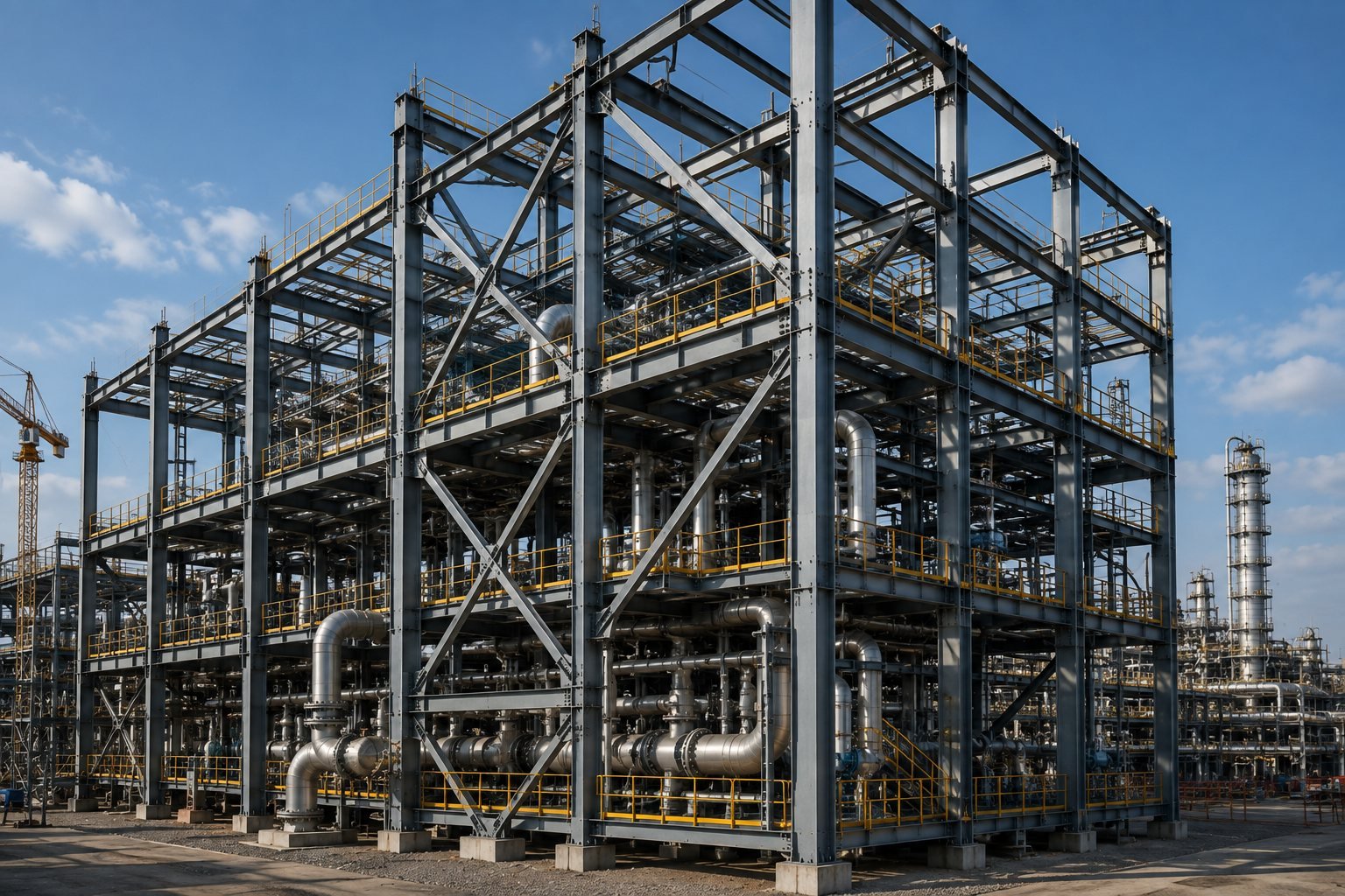 Multi-level industrial structural steel frame with cross-bracing under construction