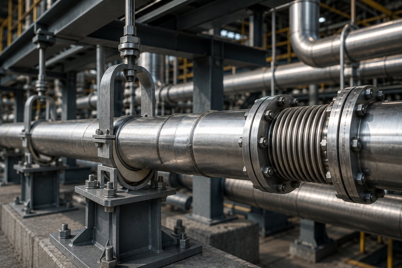 Close-up of an engineered pipe support clamp and a bolted bellows expansion joint on a process pipe rack