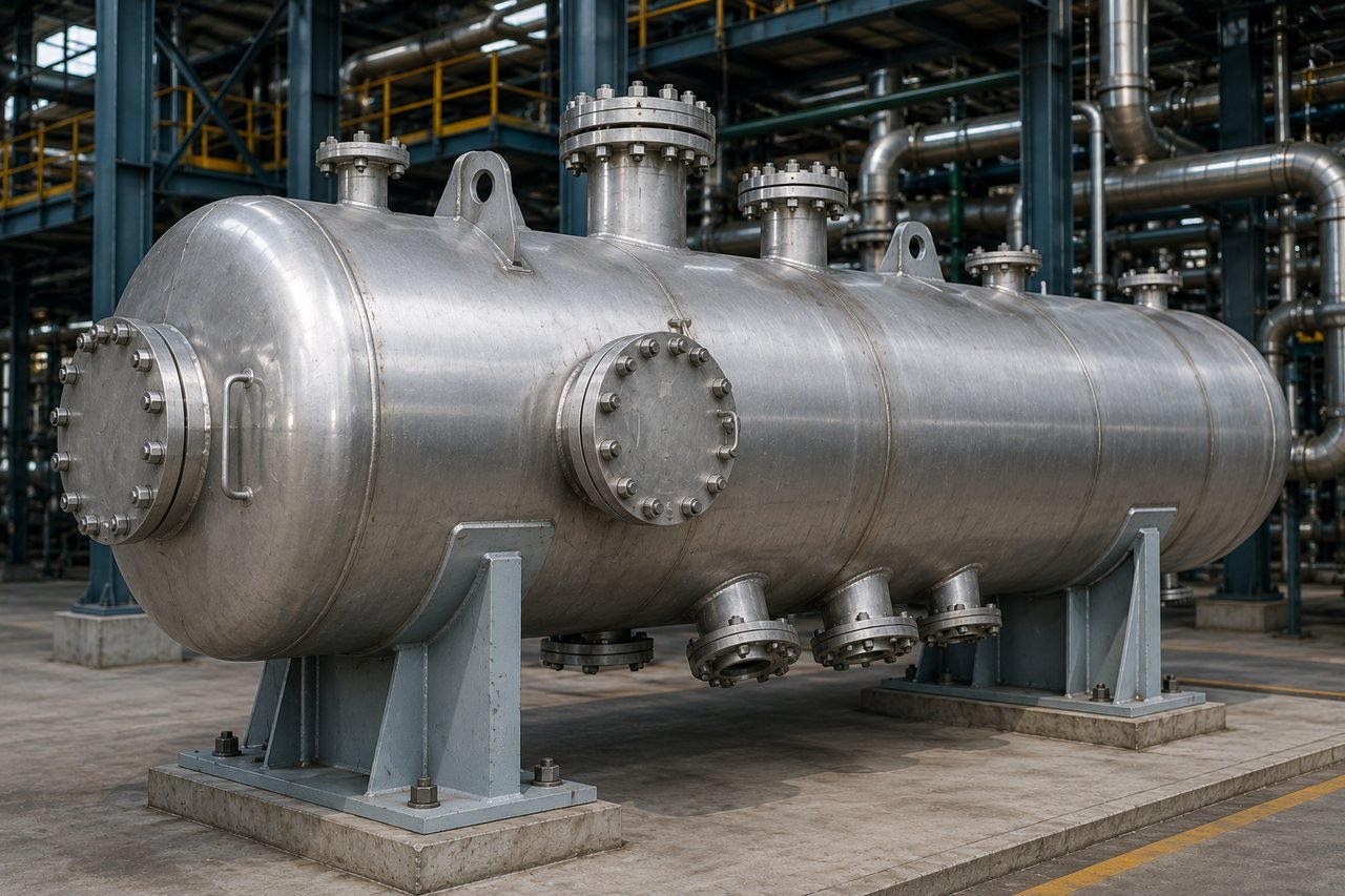 Horizontal pressure vessel showing the cylindrical shell, dished head, top nozzles, a bolted inspection manway and steel saddle supports, in an industrial yard