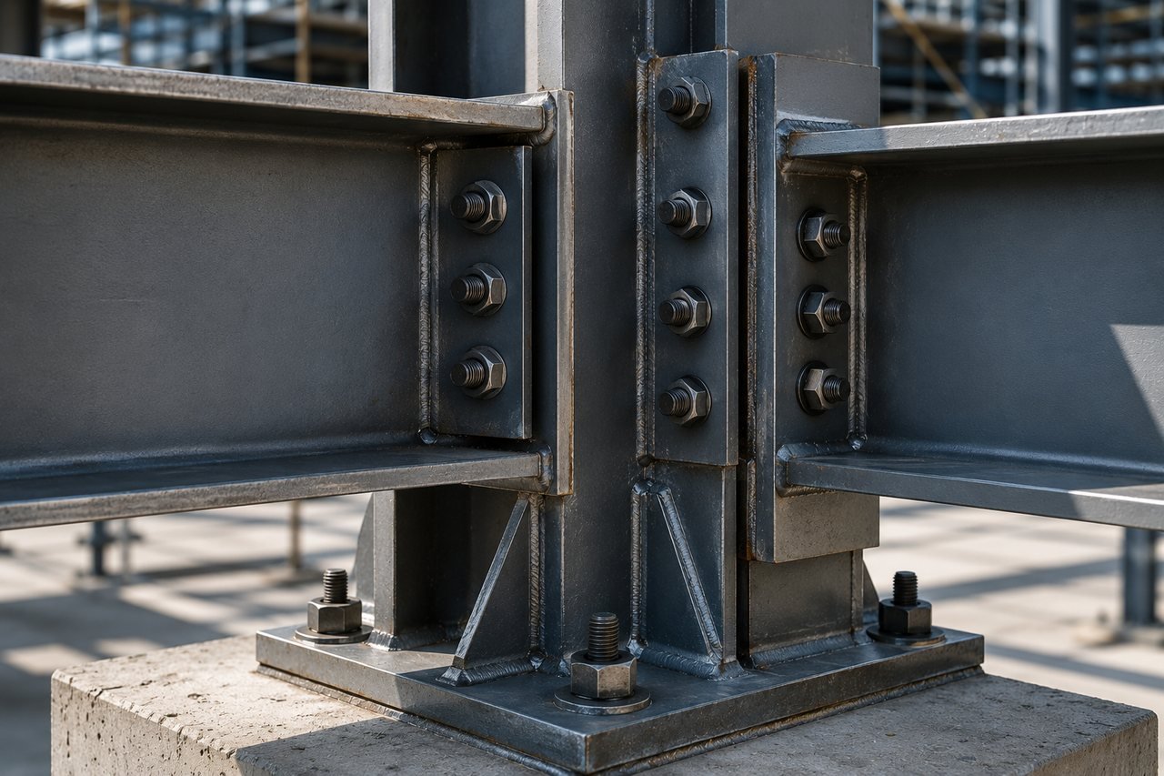 Close-up of a bolted beam-to-column structural steel connection with a welded base plate and anchor bolts