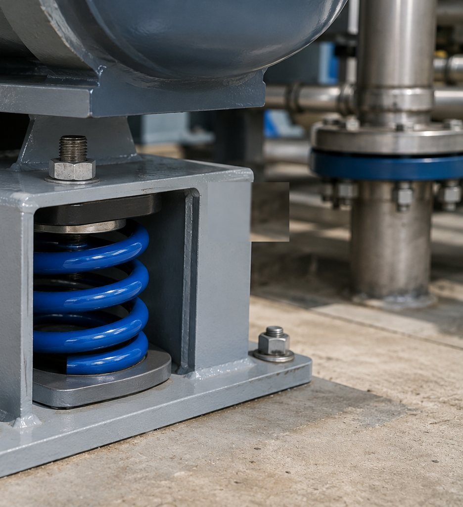 Close-up of a spring vibration isolator mounted beneath process equipment