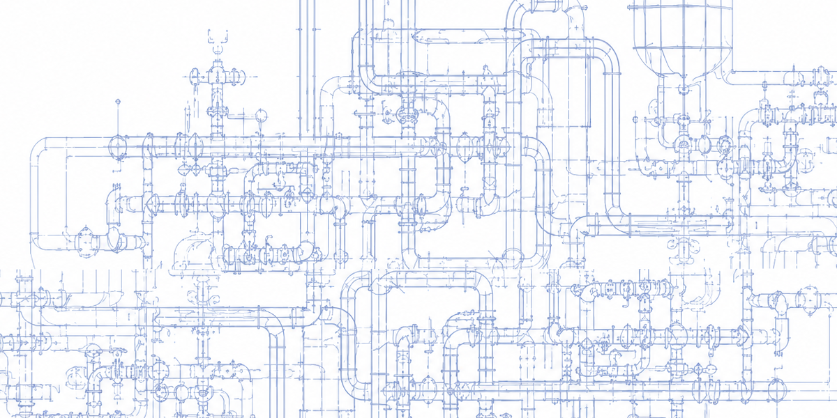 Detailed piping and instrumentation line-art blueprint of a process plant