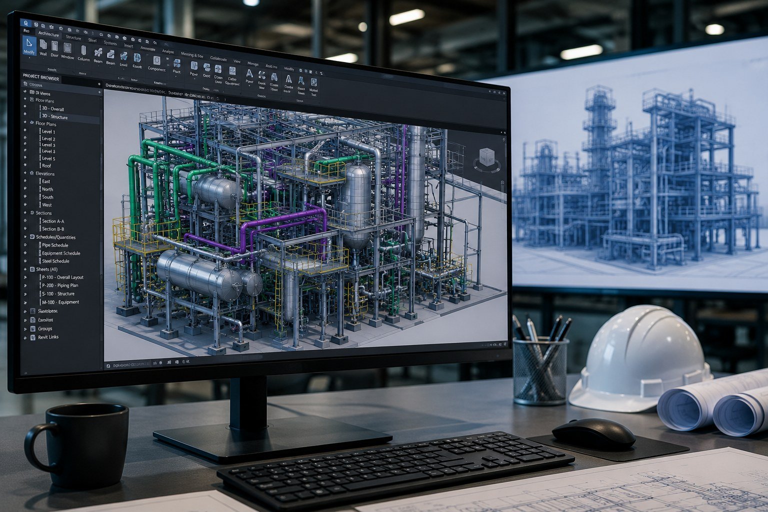 Engineering desk with printed plans, a plant model and a CAD workstation