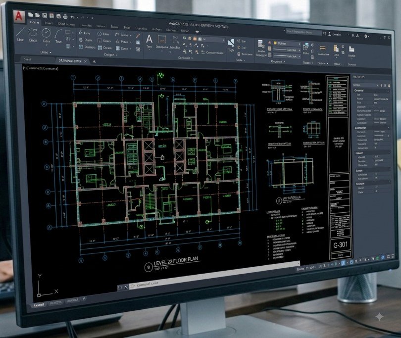 AutoCAD 2D floor plan drawing on a monitor
