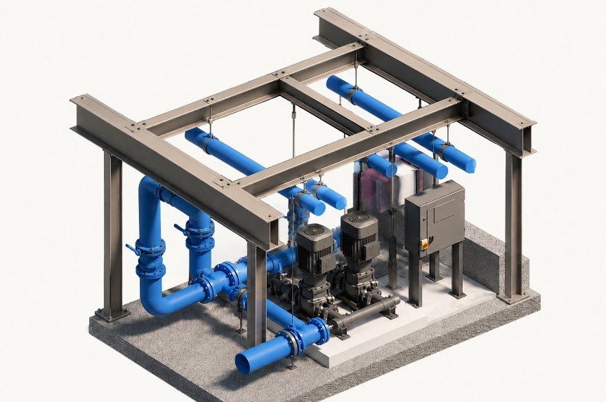 3D rendered pump skid with structural steel frame and process piping