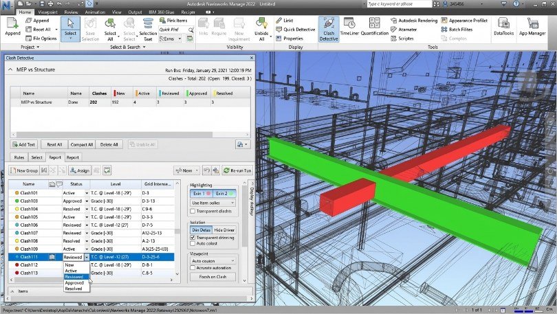 Navisworks clash detection view of a structural model with clash highlights