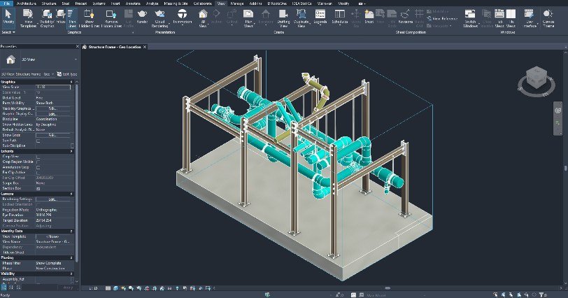 Revit 3D model of a structural pipe rack with geo-location data