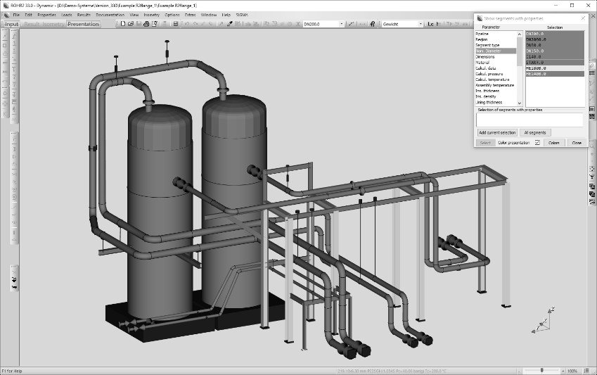 ROHR2 pipe stress analysis workspace showing a 3D piping model with segment properties